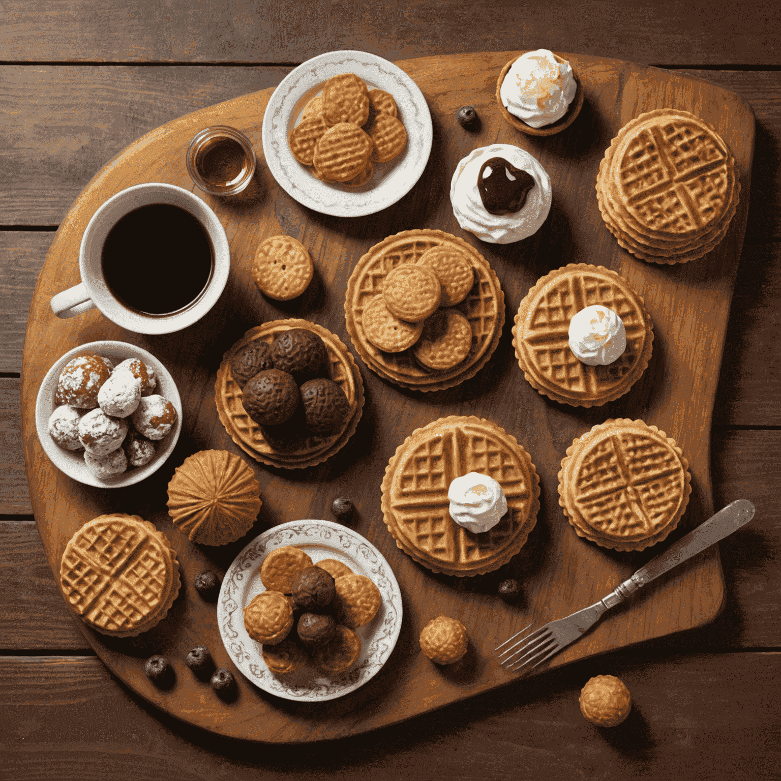 Een assortiment van traditionele Nederlandse lekkernijen, waaronder stroopwafels, poffertjes en bitterballen, mooi gepresenteerd op een houten plank