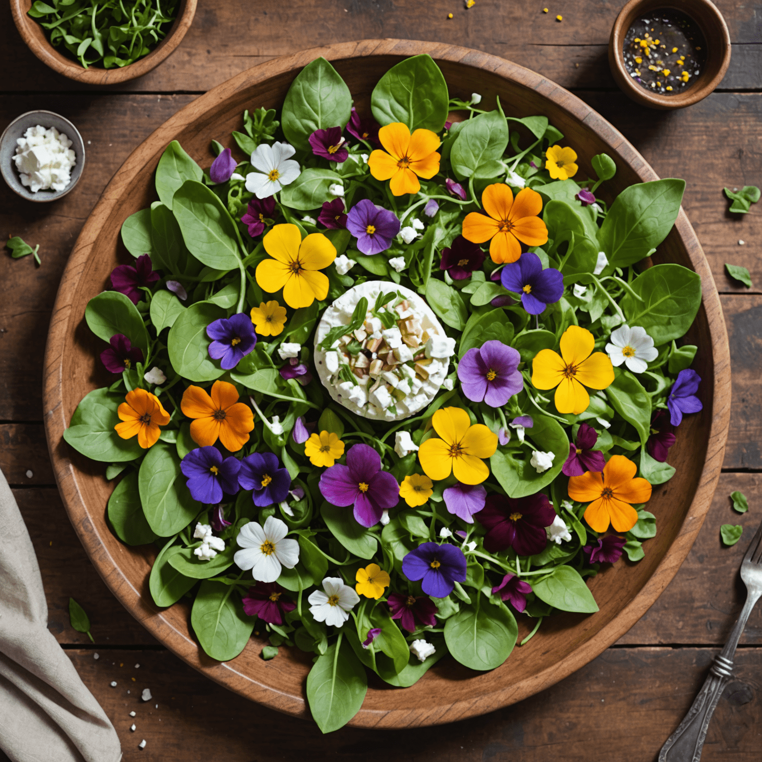 Een kleurrijke salade met verse lentegroen, geitenkaas en edible flowers, geserveerd op een rustieke houten tafel