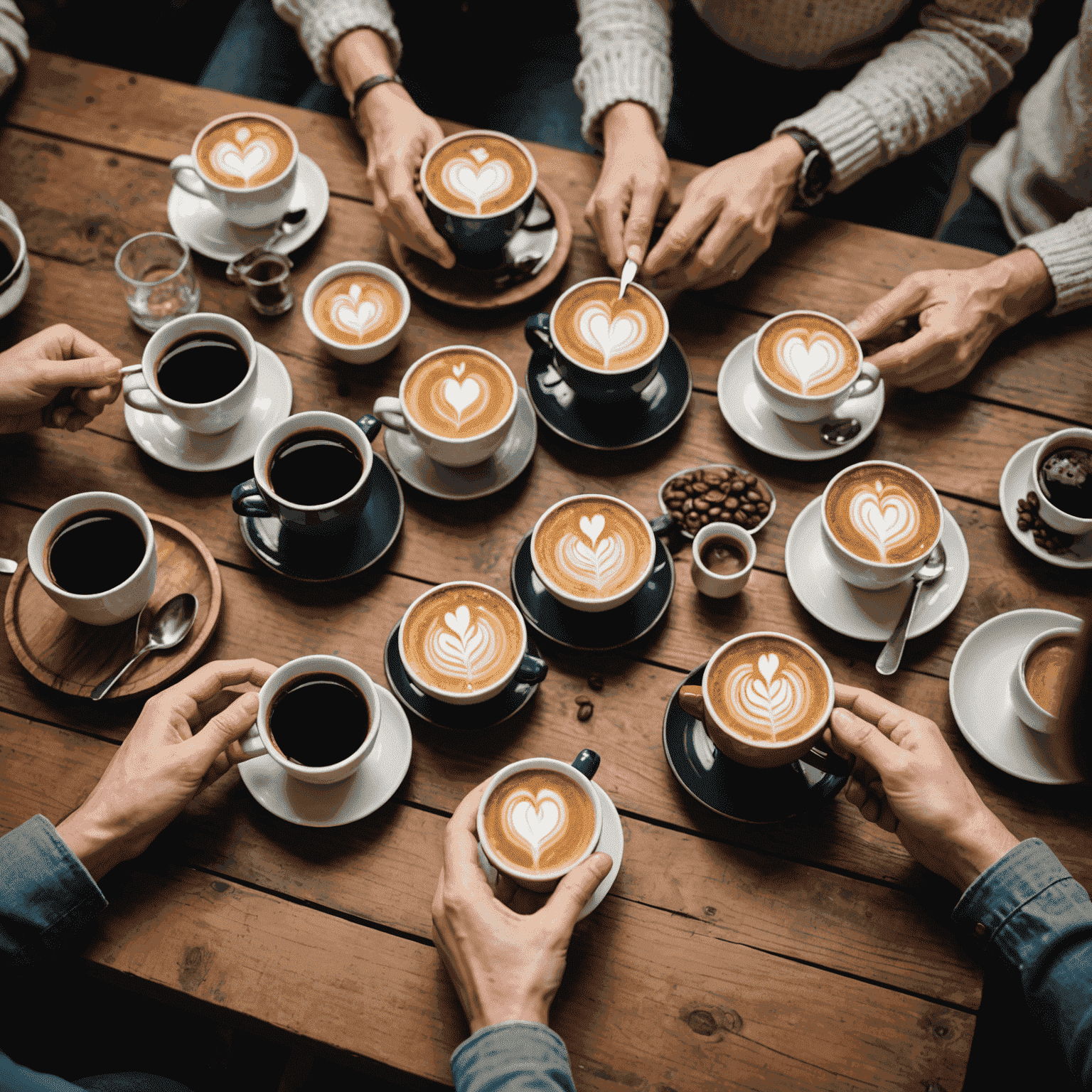 Een gezellige setting voor een koffieproeverij, met verschillende soorten koffie in kleine kopjes op een houten tafel, omringd door mensen die genieten en discussiëren over de smaken