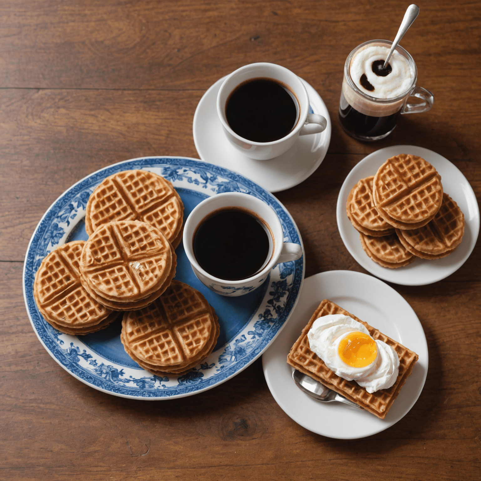 Een prachtig gepresenteerd bord met Nederlandse lekkernijen, waaronder stroopwafels, poffertjes en een kopje verse koffie. De achtergrond toont een gedeelte van onze menukaart.