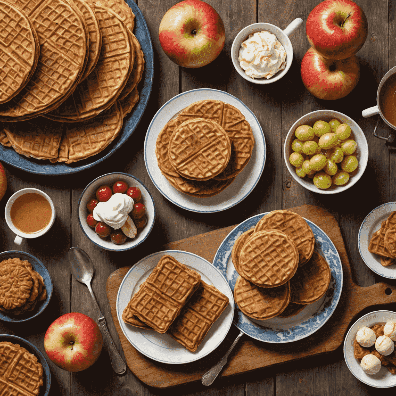 Een kleurrijke opstelling van traditionele Nederlandse gerechten, waaronder stroopwafels, bitterballen en een verse appeltaart, geserveerd op rustieke houten planken.