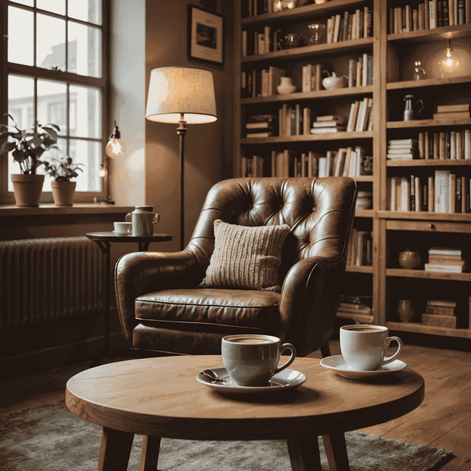 Een close-up van een gezellig hoekje in het café, met een comfortabele fauteuil, een kleine ronde tafel met een dampende kop koffie en een stuk huisgemaakt gebak. Op de achtergrond zijn boekenplanken en zachte verlichting te zien.