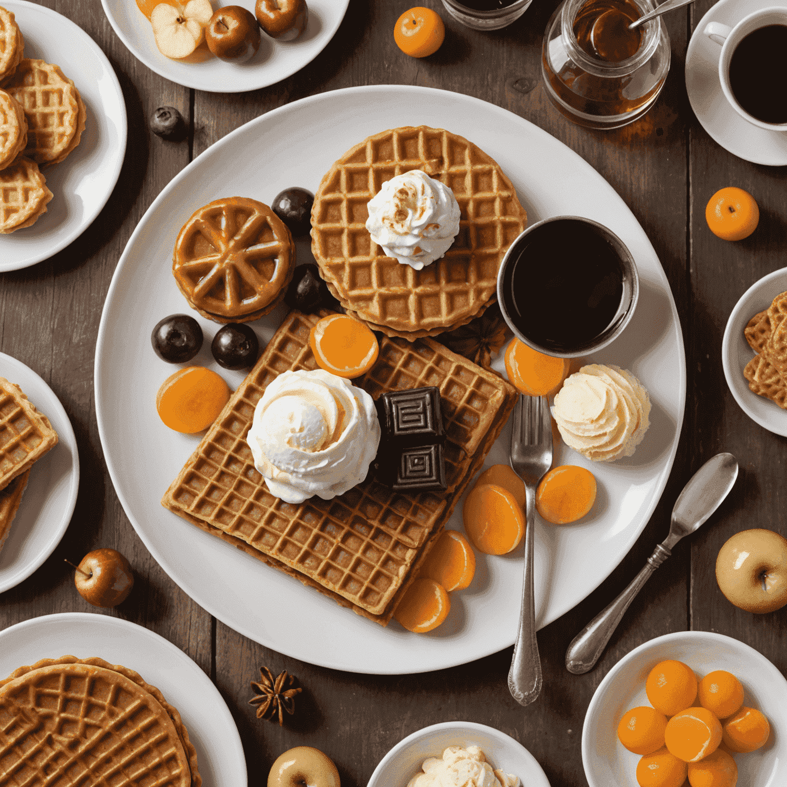 Een prachtig opgemaakt bord met diverse Nederlandse zoetigheden, waaronder een stroopwafel, een plakje appeltaart en een bolletje vanille-ijs