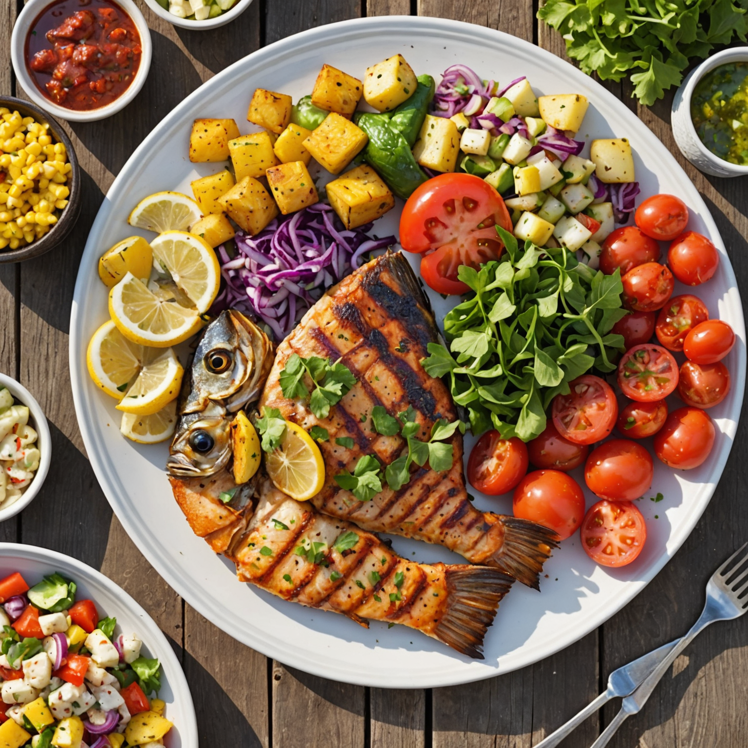 Een zomerse barbecue-schotel met gegrilde vis, groenten en een kleurrijke aardappelsalade, geserveerd in de buitenlucht