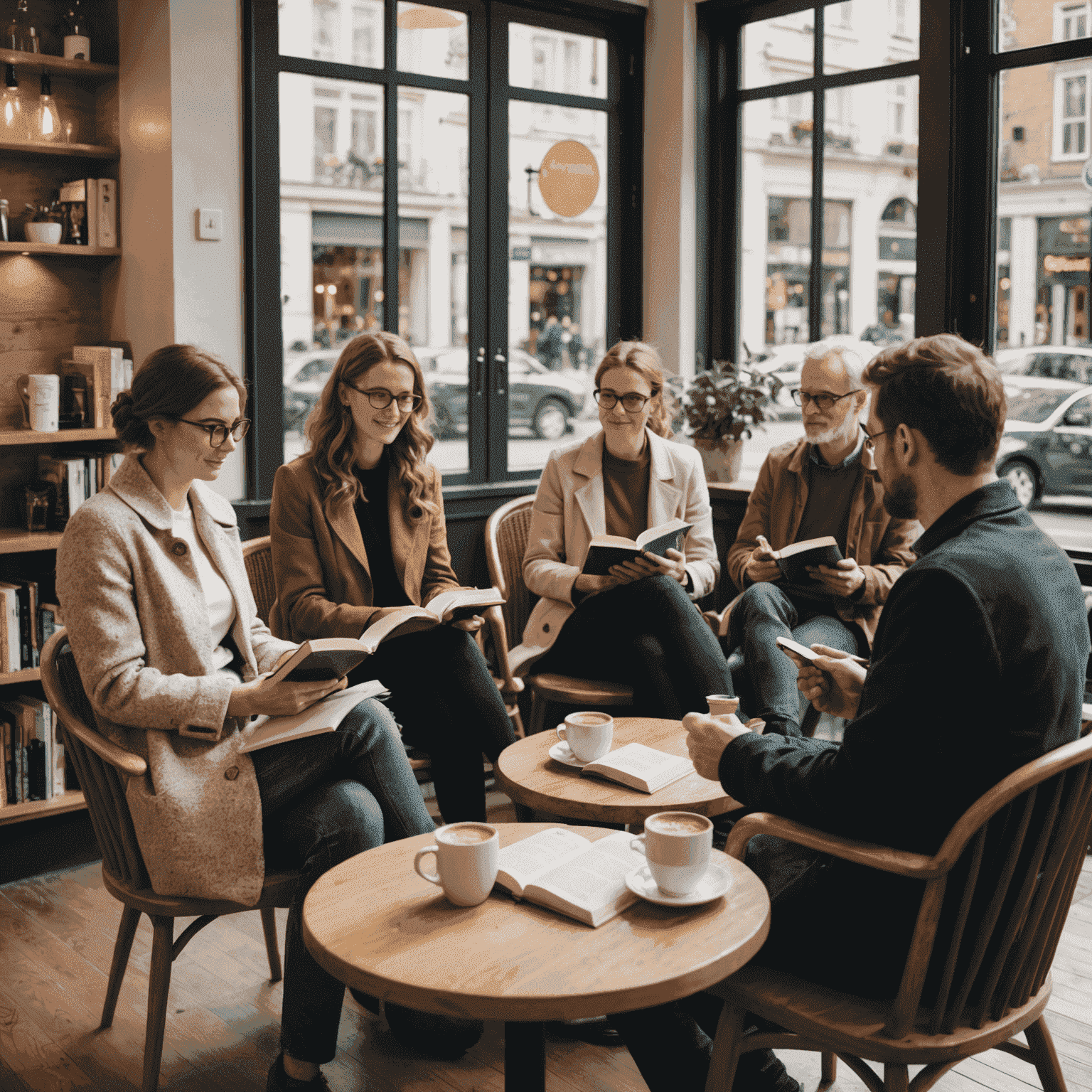 Een groep mensen zittend in comfortabele stoelen in het café, elk met een boek en een kop koffie, in levendige discussie over het verhaal