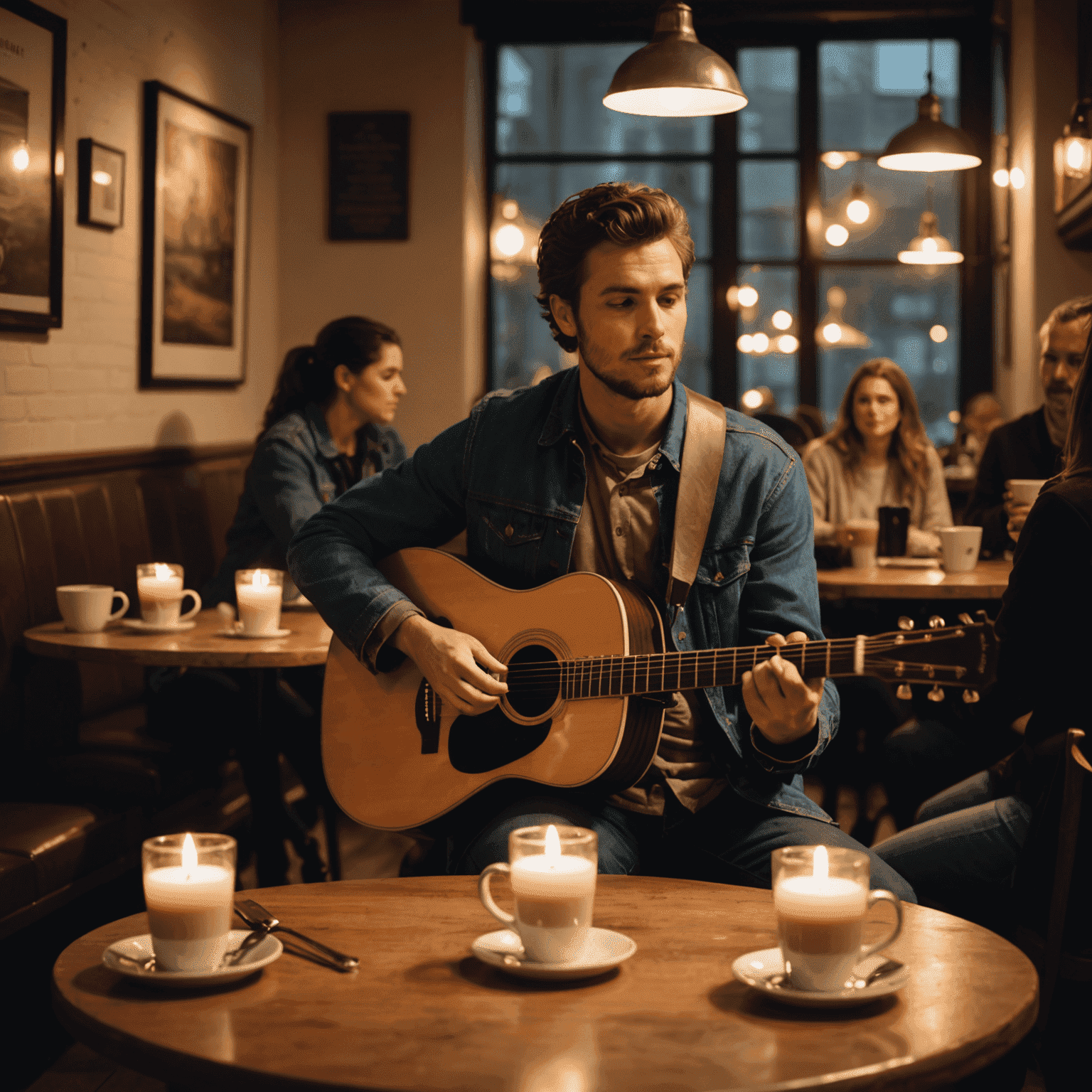 Een intieme setting in het café met een lokale muzikant die een akoestische gitaar speelt voor een aandachtig publiek, omringd door kaarslicht en koffiekopjes