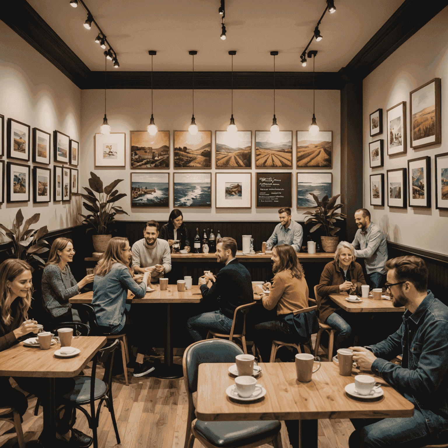 Een levendige scène van een café-evenement met mensen die genieten van koffieproeverijen, lokale kunstwerken aan de muren, en een gezellige sfeer die de gemeenschap samenbrengt.