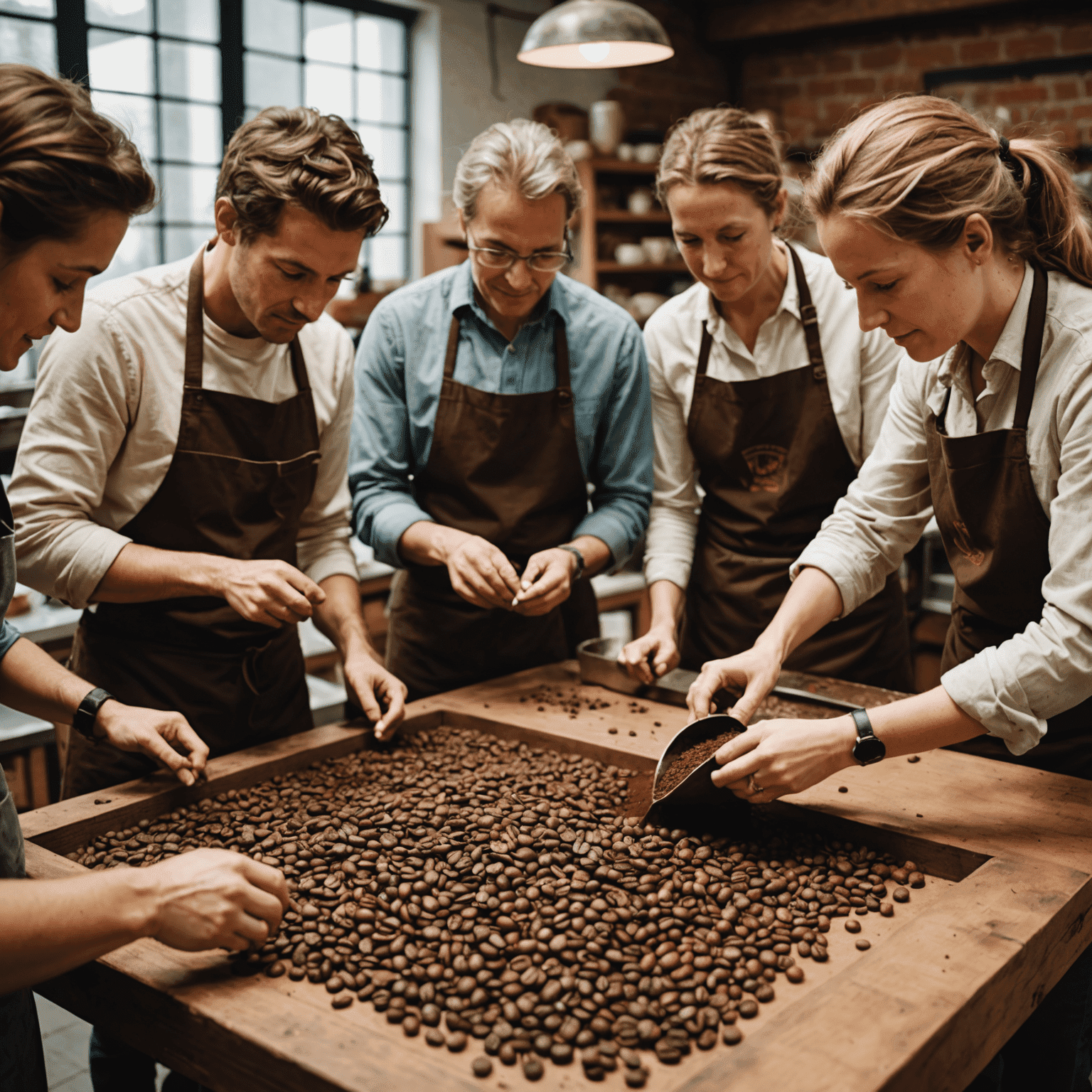 Een groep enthousiaste deelnemers die leren over het proces van koffiebonen roosteren en chocolade maken, met verschillende stadia van het proces zichtbaar op een grote werktafel